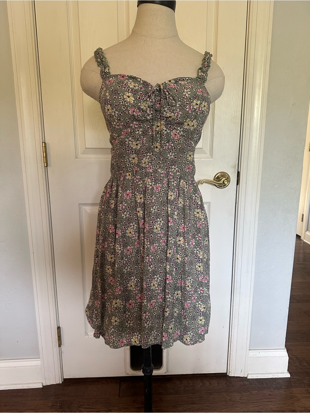 Cottagecore Green Floral Mini Dress with Pink and Cream Accents
